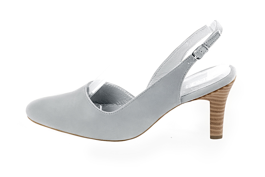 Pearl grey slingback elegant shoes. Round toe. High kitten heels. - Florence KOOIJMAN